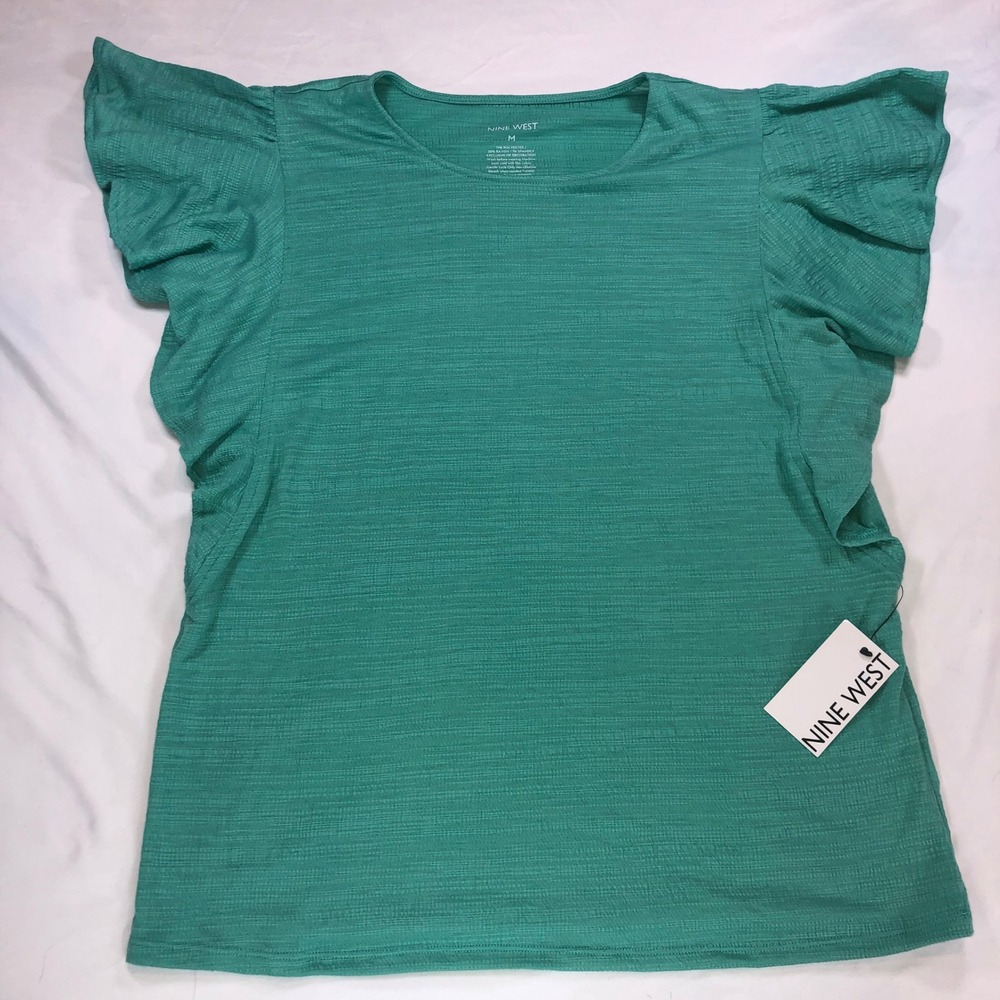 Nine West Womens Teal Green Textured Ruffle Sleeve Blouse Top Medium NWT
